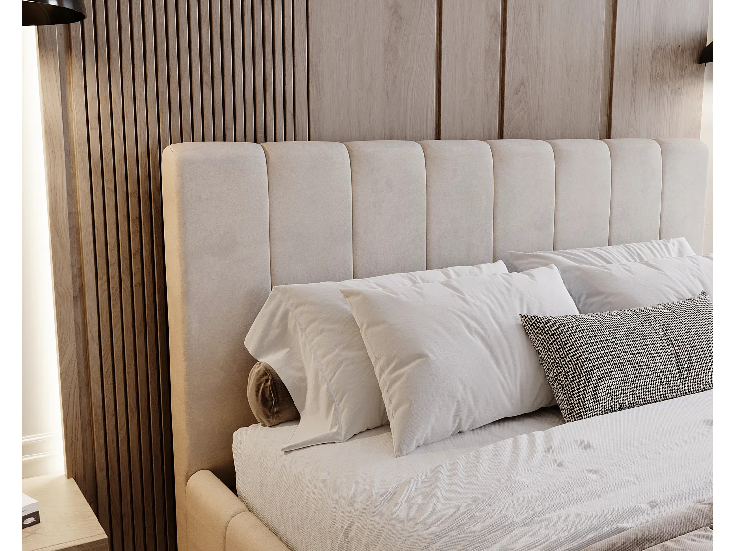 BESILIO Tapicerowane łóżko slim 160x200 Lexy - stelaż metalowy, pojemnik na pościel, slim łóżko, tkanina velurowa - Beżowy