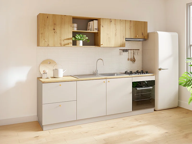 Cuisine complète - Avec plan de travail 242 cm - Beige et Naturel clair - YORINA