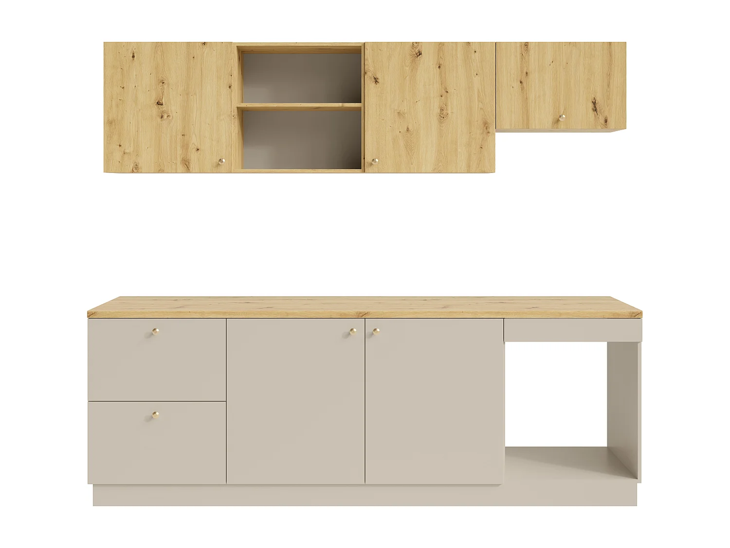 Complete keuken - Met werkblad 242 cm - Beige en Licht natuurlijk - YORINA