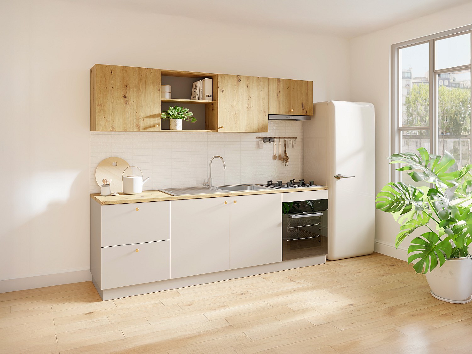 Vente-unique Komplettküche + Arbeitsplatte 242 Cm - Beige & Hellnatur - Yorina