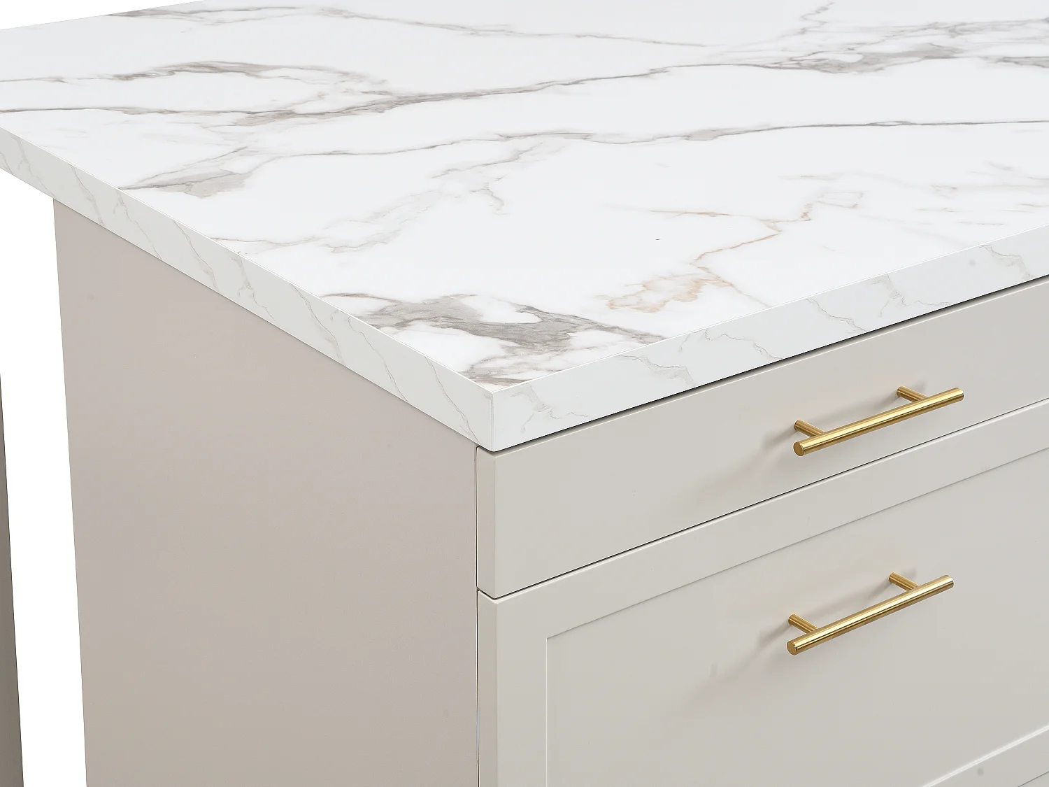 Ilot central de cuisine avec 6 tiroirs en MDF et métal - Beige et Effet marbre blanc - LASKINA