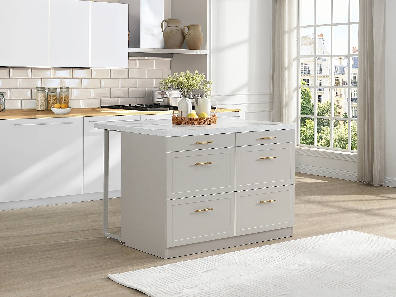 Ilot central de cuisine avec 6 tiroirs en MDF et métal - Beige et Effet marbre blanc - LASKINA