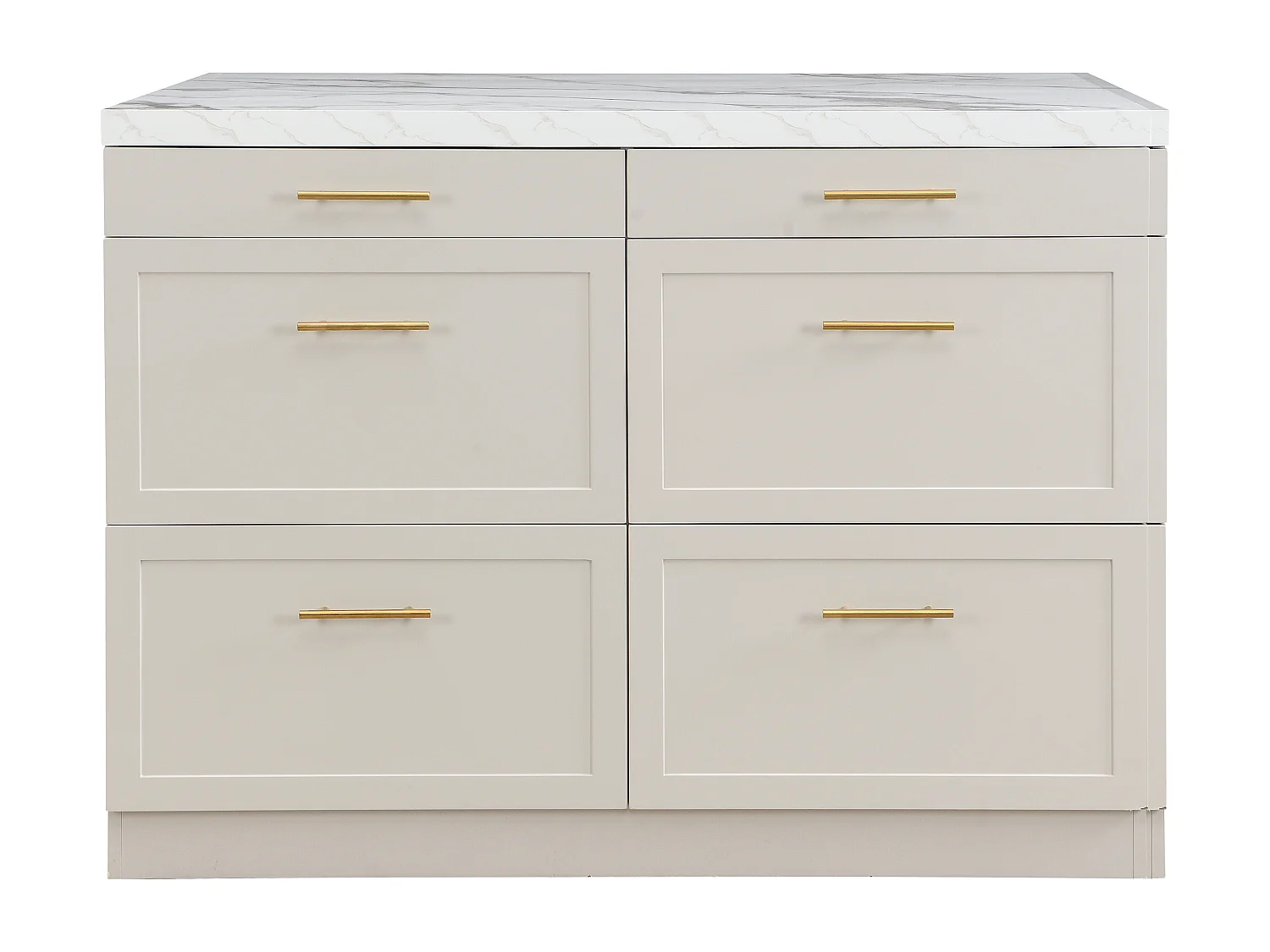 Ilot central de cuisine avec 6 tiroirs en MDF et métal - Beige et Effet marbre blanc - LASKINA