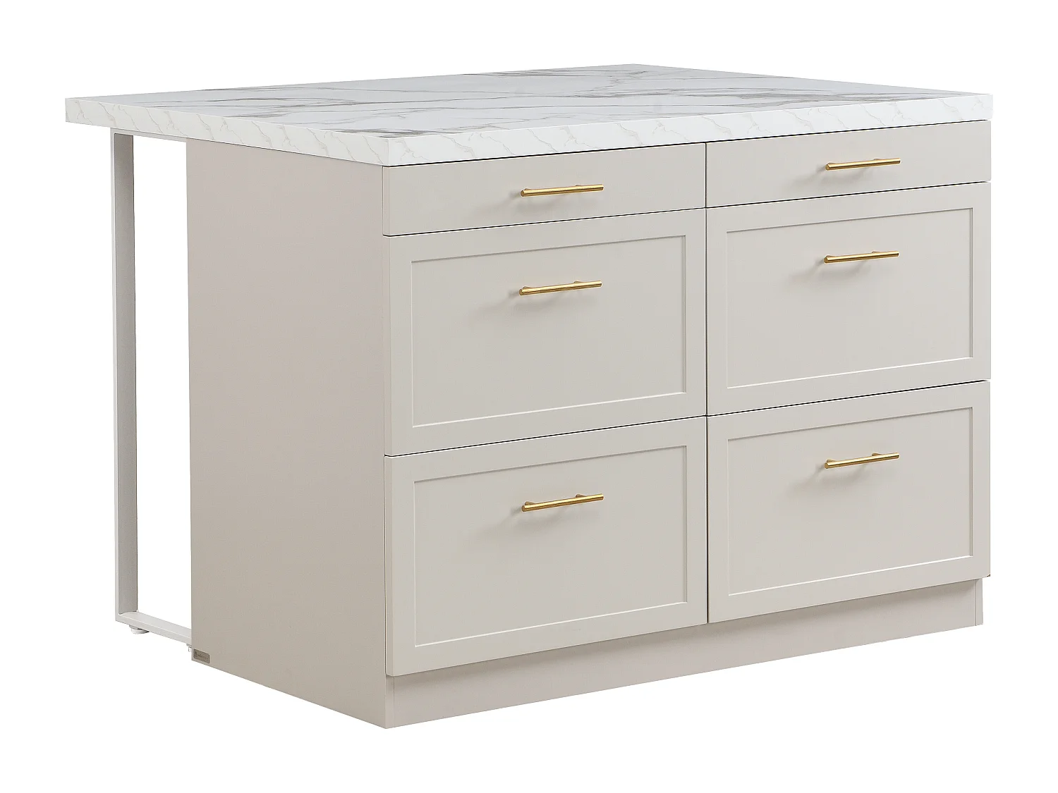 Ilot central de cuisine avec 6 tiroirs en MDF et métal - Beige et Effet marbre blanc - LASKINA