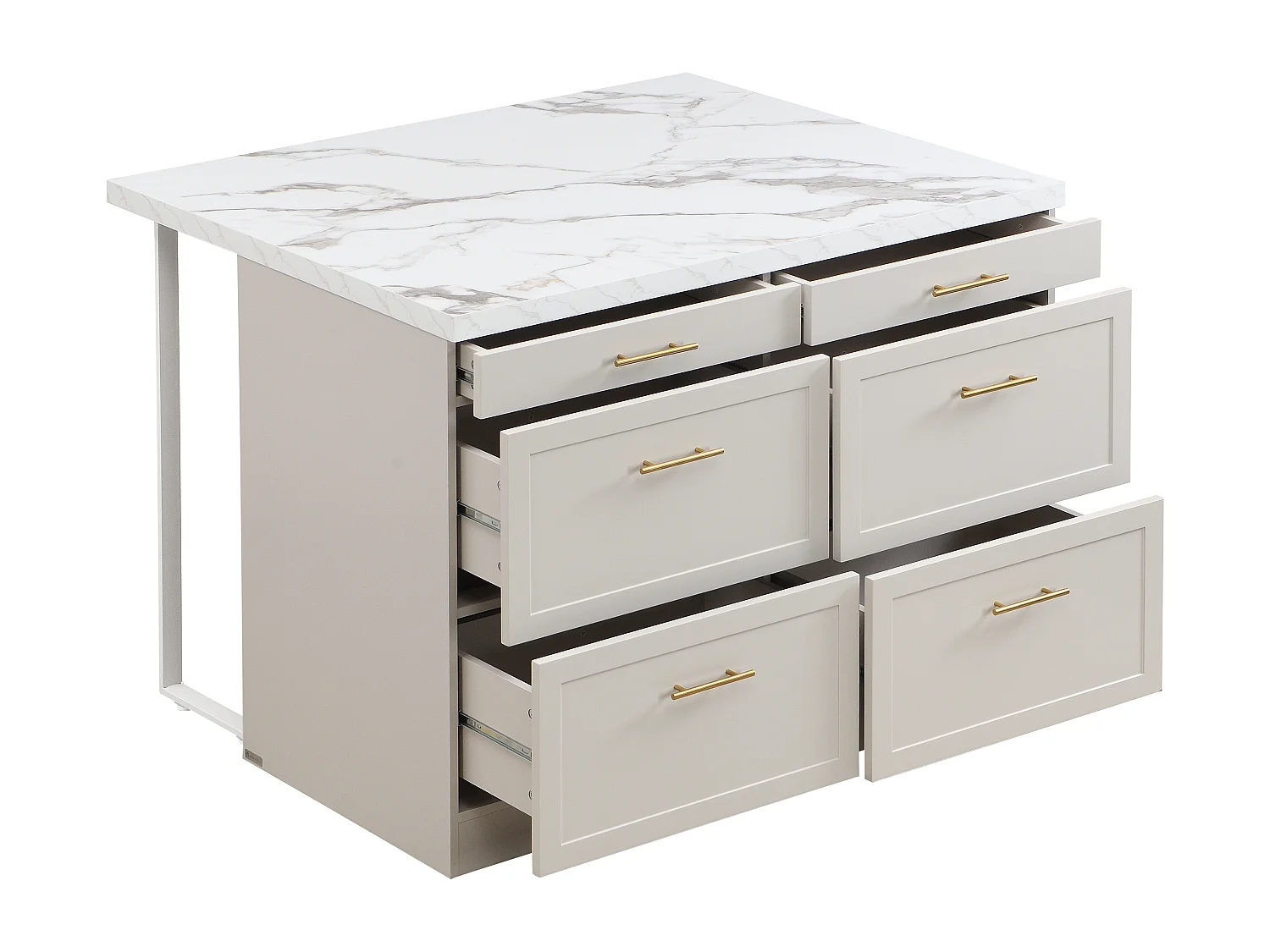 Ilot central de cuisine avec 6 tiroirs en MDF et métal - Beige et Effet marbre blanc - LASKINA