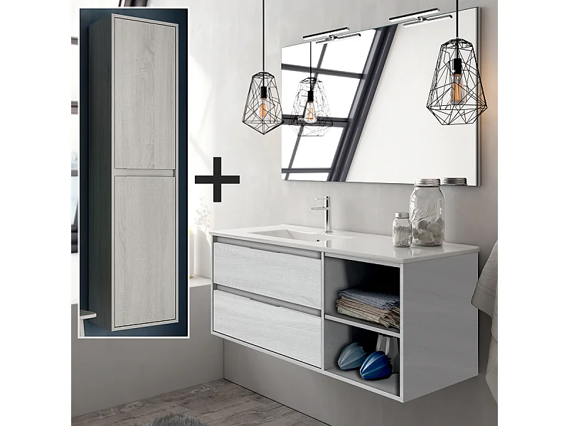 Ensemble meuble de salle de bain 120cm vasque déportée + colonne de rangement OLYMPE - hibernian (bois blanchi)