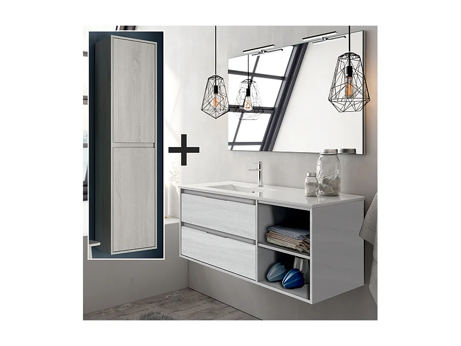Ensemble meuble de salle de bain 120cm vasque déportée + colonne de rangement OLYMPE - hibernian (bois blanchi)
