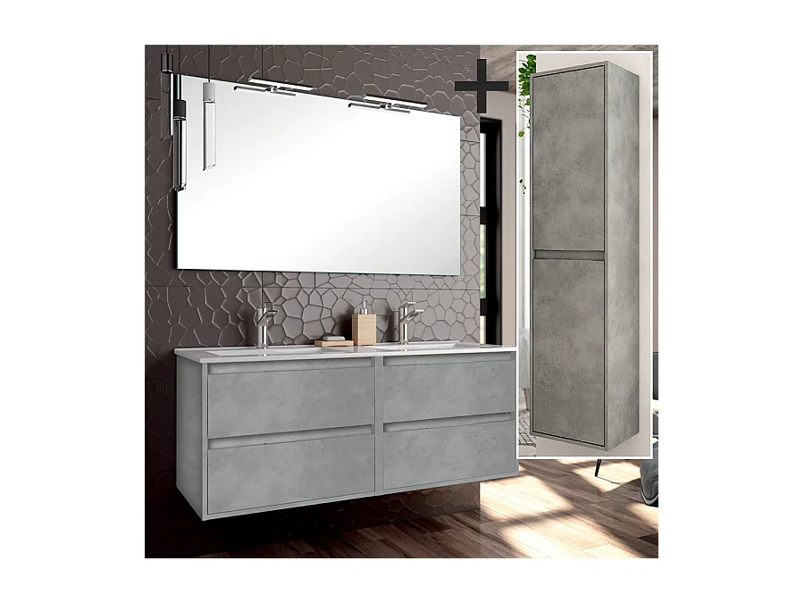Ensemble meuble de salle de bain 120cm double vasque + colonne de rangement IRIS - ciment (gris)