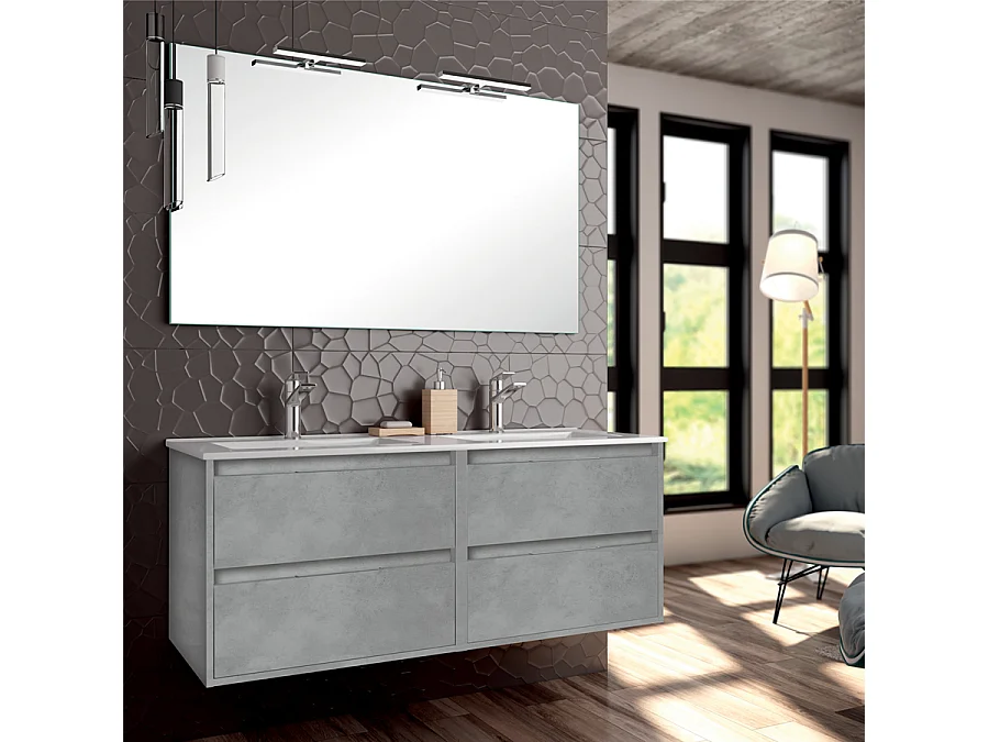 Ensemble meuble de salle de bain 120cm double vasque + colonne de rangement IRIS - ciment (gris)