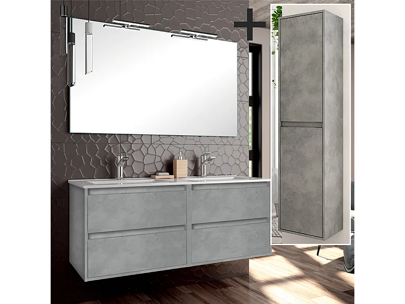 Ensemble meuble de salle de bain 120cm double vasque + colonne de rangement IRIS - ciment (gris)