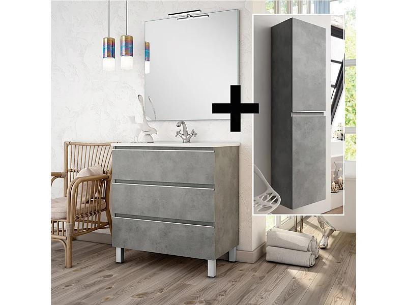 Ensemble meuble de salle de bain 70cm simple vasque + colonne de rangement PALMA - ciment (gris)