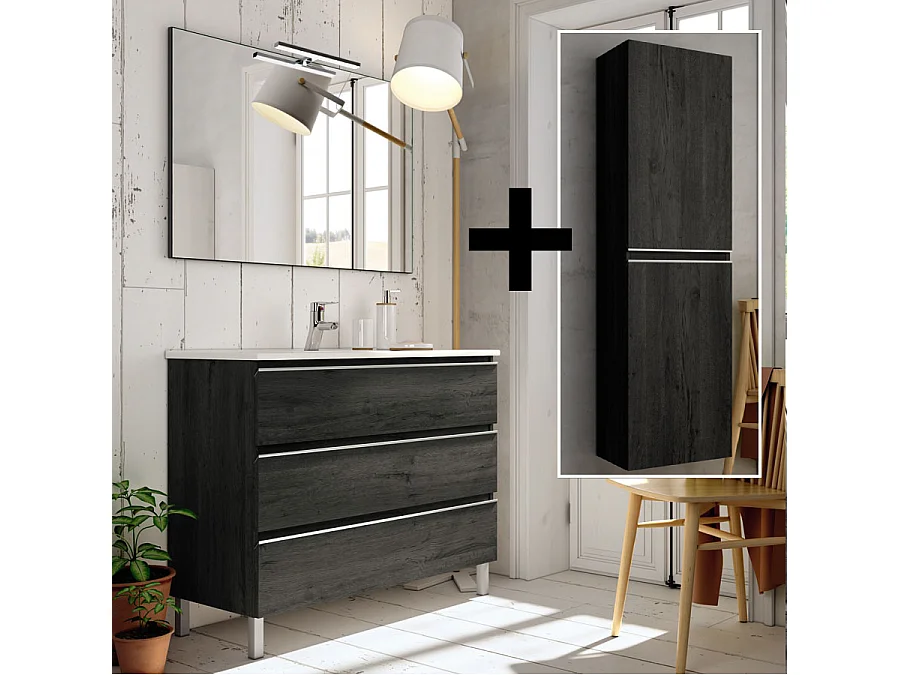 Ensemble meuble de salle de bain 80cm simple vasque + colonne de rangement PALMA - ebony (bois noir)