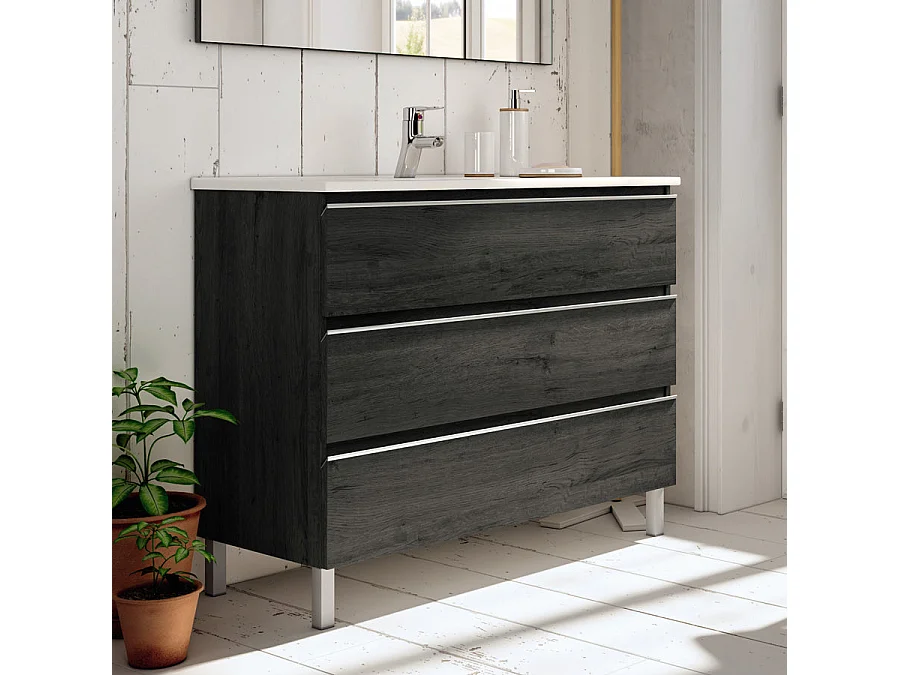 Ensemble meuble de salle de bain 80cm simple vasque + colonne de rangement PALMA - ebony (bois noir)