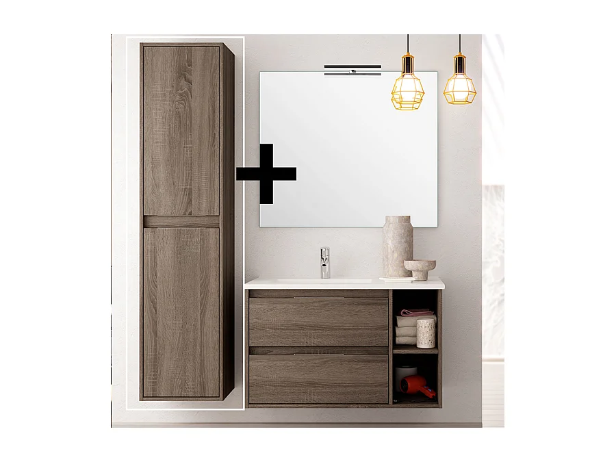 Ensemble meuble de salle de bain 80cm vasque déportée + colonne de rangement OLYMPE - britannia (chêne foncé)