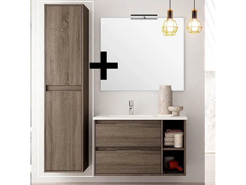 Ensemble meuble de salle de bain 80cm vasque déportée + colonne de rangement OLYMPE - britannia (chêne foncé)