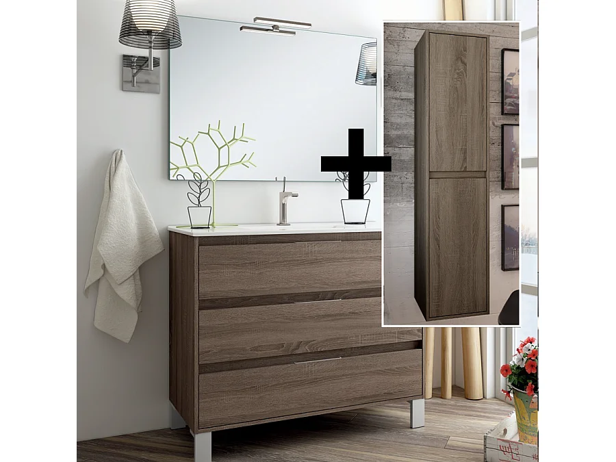 Ensemble meuble de salle de bain 80cm simple vasque + colonne de rangement TIRIS - britannia (chêne foncé)