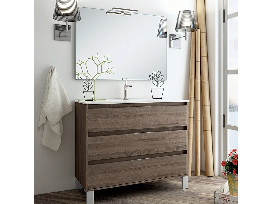 Ensemble meuble de salle de bain 80cm simple vasque + colonne de rangement TIRIS - britannia (chêne foncé)
