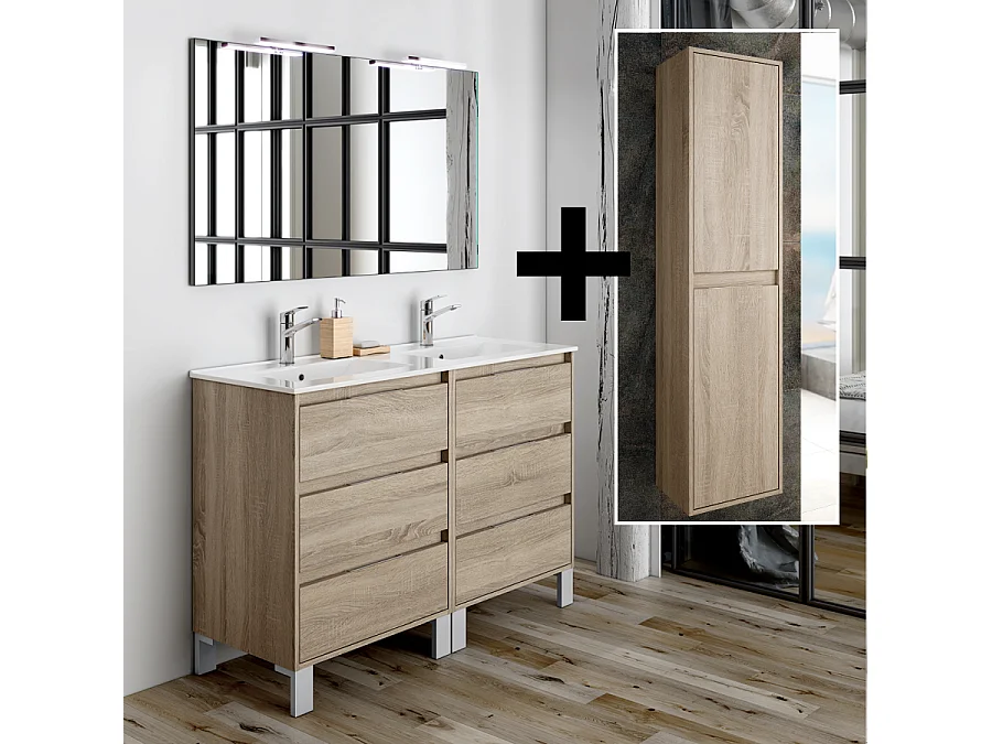 Ensemble meuble de salle de bain 120cm double vasque + colonne de rangement TIRIS - cambrian (chêne)