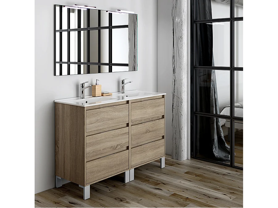 Ensemble meuble de salle de bain 120cm double vasque + colonne de rangement TIRIS - cambrian (chêne)