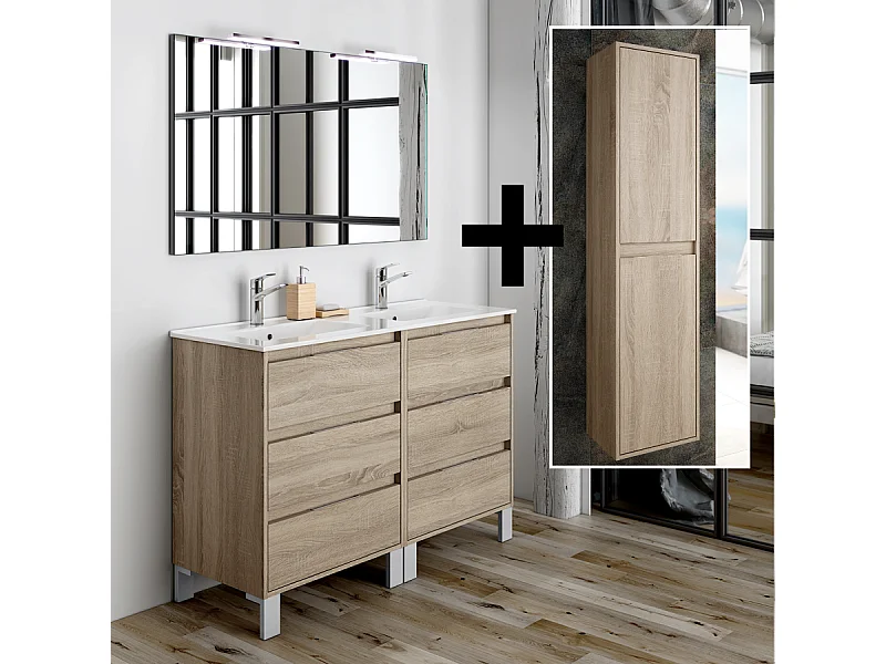 Ensemble meuble de salle de bain 120cm double vasque + colonne de rangement TIRIS - cambrian (chêne)
