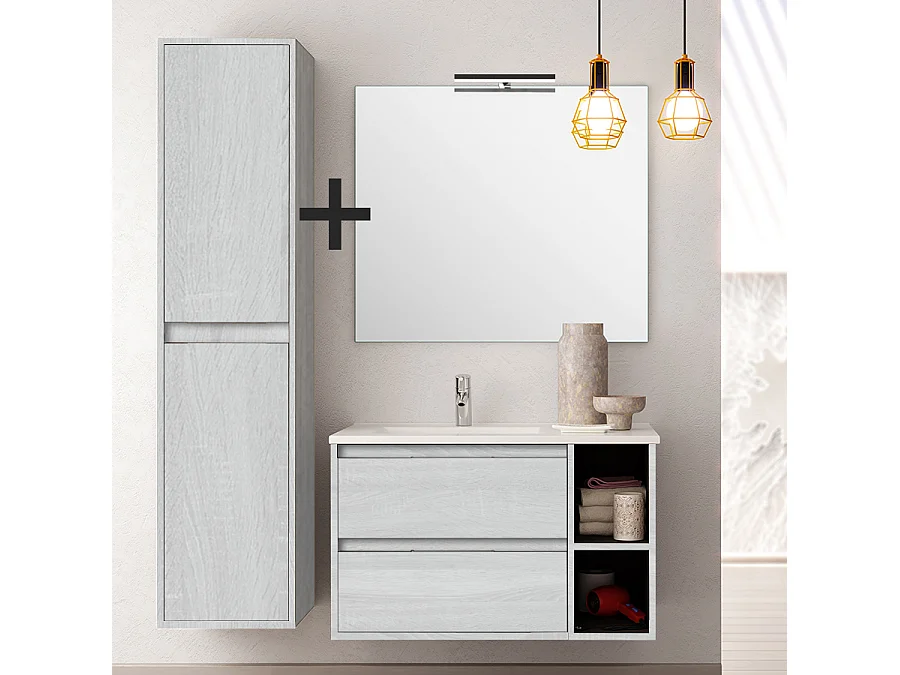 Ensemble meuble de salle de bain 80cm vasque déportée + colonne de rangement OLYMPE - hibernian (bois blanchi)