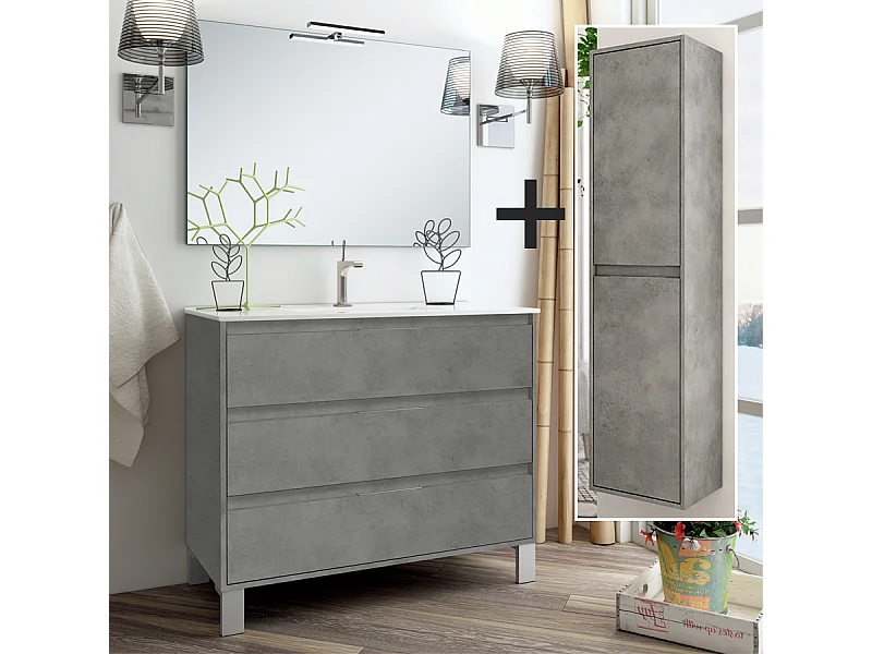 Ensemble meuble de salle de bain 100cm simple vasque + colonne de rangement TIRIS - ciment (gris)