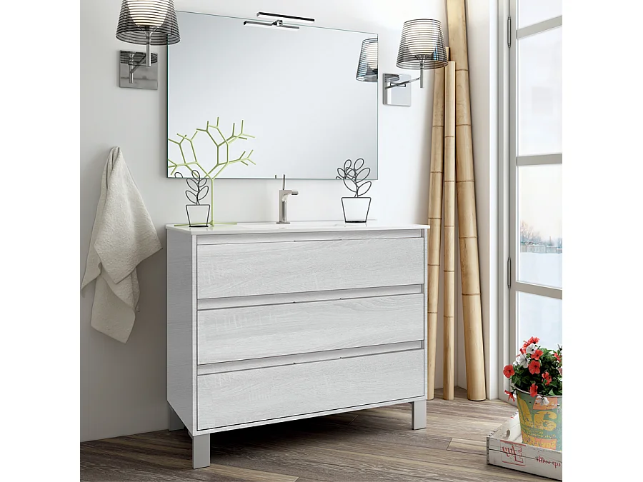 Ensemble meuble de salle de bain 100cm simple vasque + colonne de rangement TIRIS - ciment (gris)