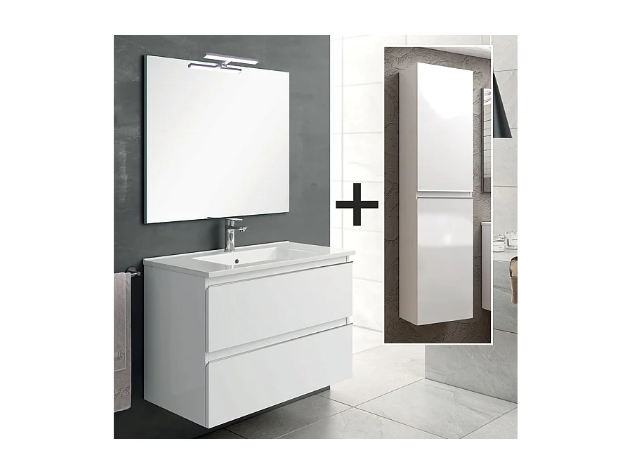 Ensemble meuble de salle de bain 100cm simple vasque + colonne de rangement - BALEA - blanc
