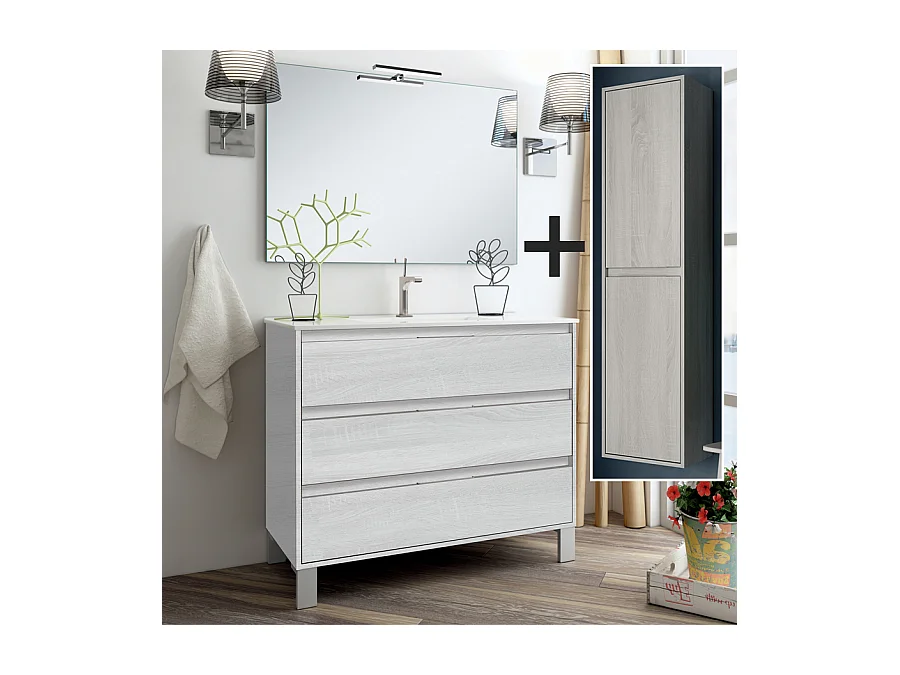 Ensemble meuble de salle de bain 100cm simple vasque + colonne de rangement TIRIS - hibernian (bois blanchi)