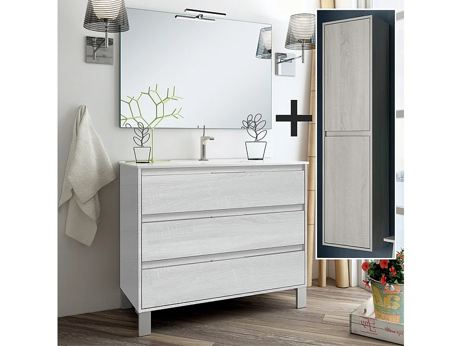 Ensemble meuble de salle de bain 100cm simple vasque + colonne de rangement TIRIS - hibernian (bois blanchi)
