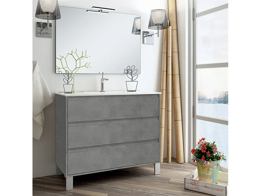 Ensemble meuble de salle de bain 100cm simple vasque + colonne de rangement TIRIS - hibernian (bois blanchi)