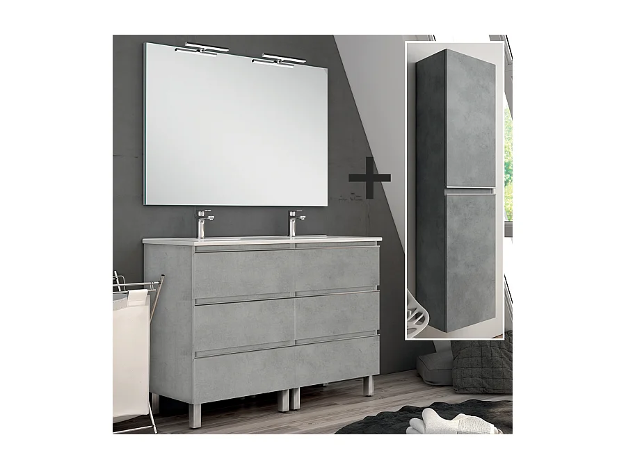 Ensemble meuble de salle de bain 140cm double vasque + colonne de rangement PALMA - ciment (gris)