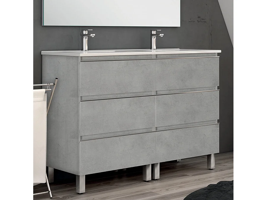Ensemble meuble de salle de bain 140cm double vasque + colonne de rangement PALMA - ciment (gris)