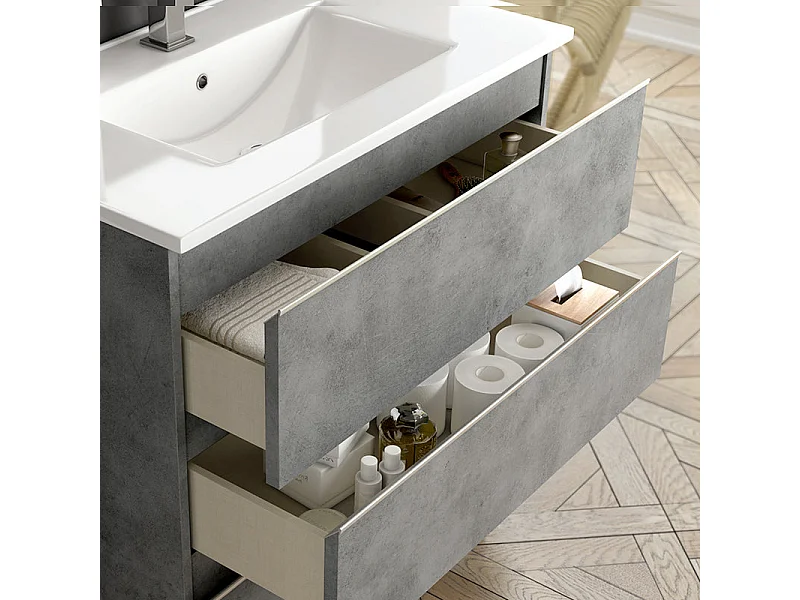 Ensemble meuble de salle de bain 140cm double vasque + colonne de rangement PALMA - ciment (gris)