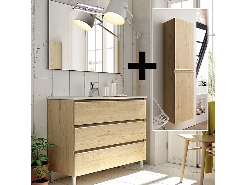 Ensemble meuble de salle de bain 70cm simple vasque + colonne de rangement PALMA - bambou (chêne clair)