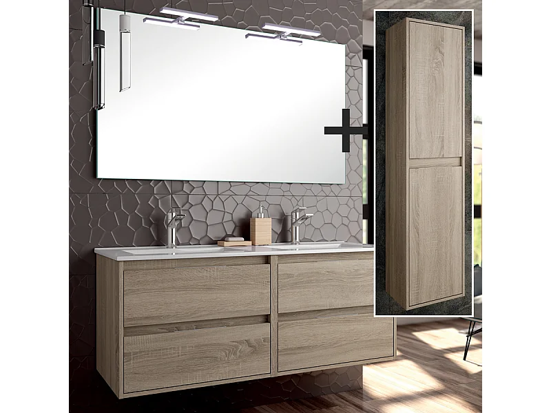Ensemble meuble de salle de bain 120cm double vasque + colonne de rangement IRIS - cambrian (chêne)