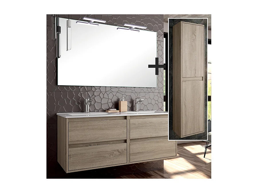 Ensemble meuble de salle de bain 120cm double vasque + colonne de rangement IRIS - cambrian (chêne)