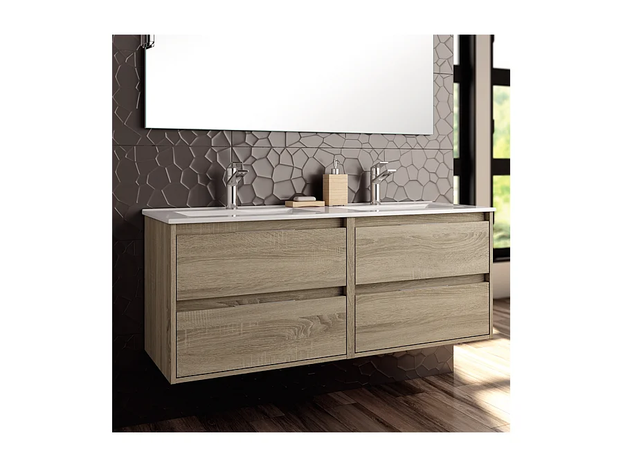 Ensemble meuble de salle de bain 120cm double vasque + colonne de rangement IRIS - cambrian (chêne)