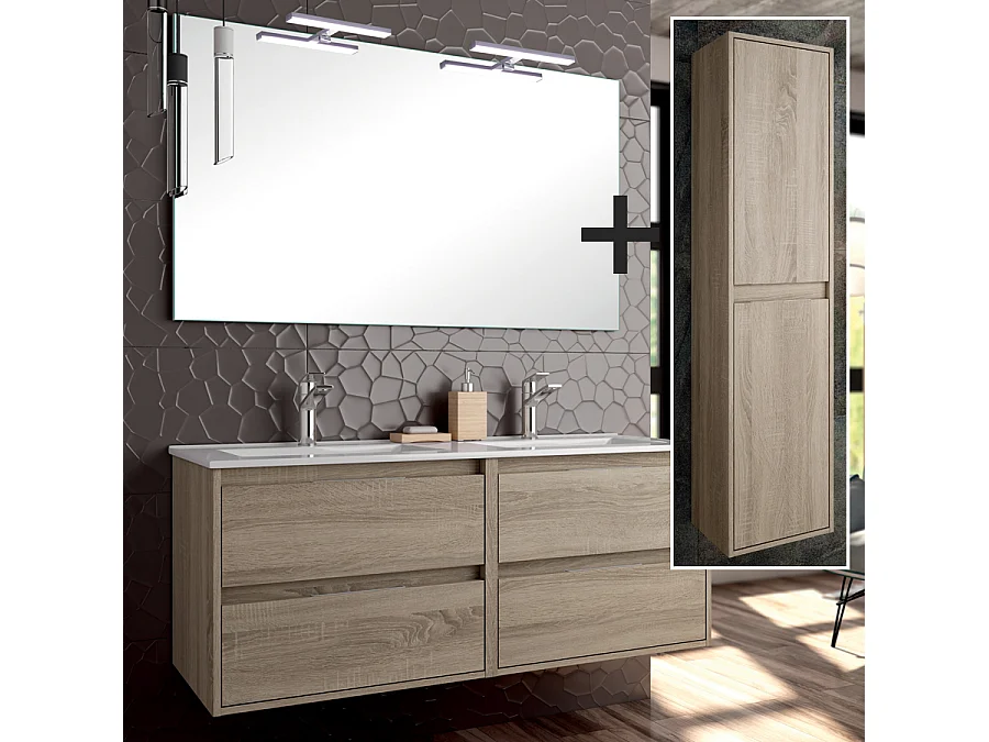 Ensemble meuble de salle de bain 120cm double vasque + colonne de rangement IRIS - cambrian (chêne)