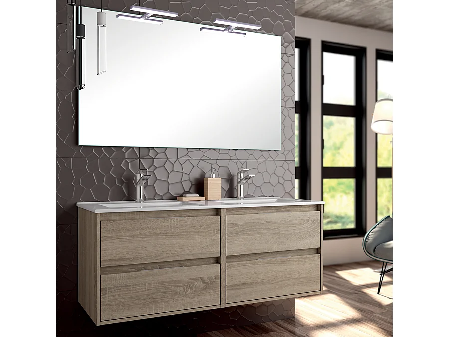 Ensemble meuble de salle de bain 120cm double vasque + colonne de rangement IRIS - cambrian (chêne)