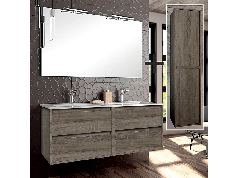 Ensemble meuble de salle de bain 120cm double vasque + colonne de rangement IRIS - britannia (chêne foncé)