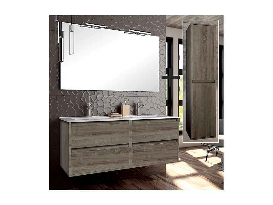 Ensemble meuble de salle de bain 120cm double vasque + colonne de rangement IRIS - britannia (chêne foncé)