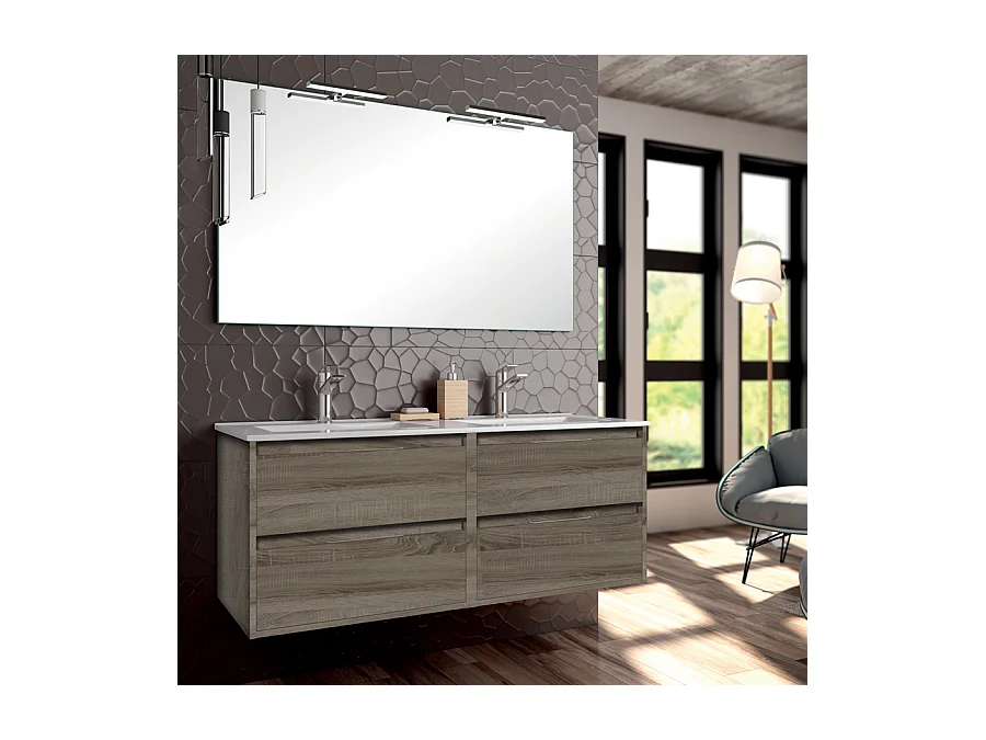 Ensemble meuble de salle de bain 120cm double vasque + colonne de rangement IRIS - britannia (chêne foncé)