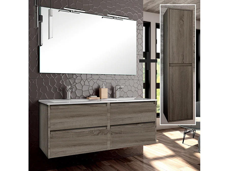 Ensemble meuble de salle de bain 120cm double vasque + colonne de rangement IRIS - britannia (chêne foncé)