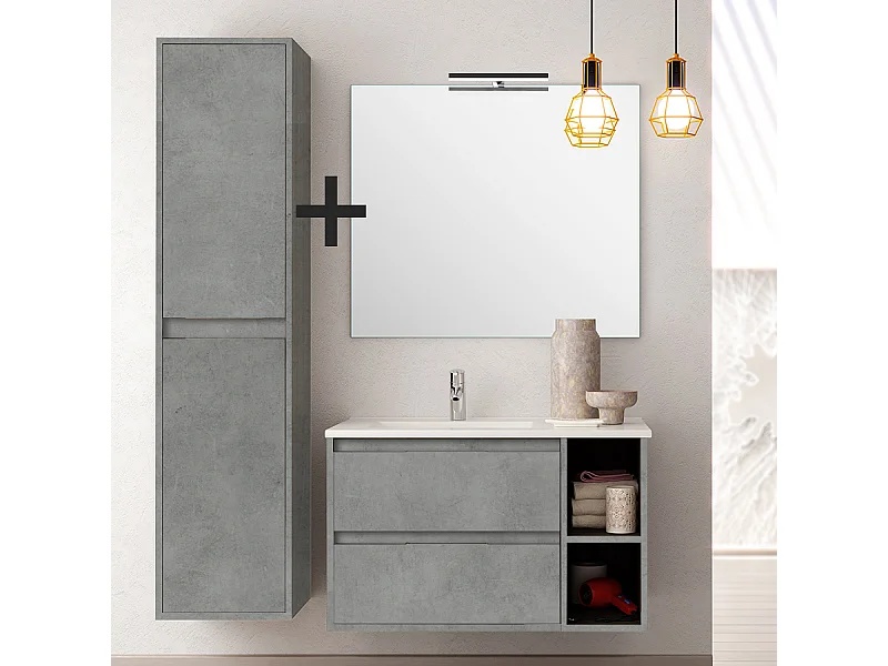 Ensemble meuble de salle de bain 80cm vasque déportée + colonne de rangement OLYMPE - ciment (gris)