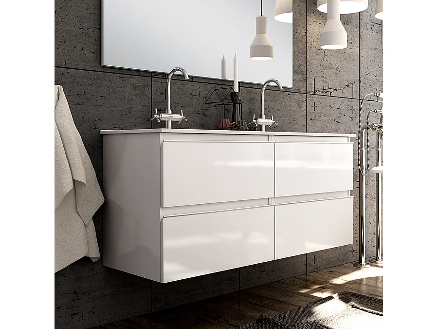 Ensemble meuble de salle de bain 140cm double vasque + colonne de rangement - BALEA - blanc