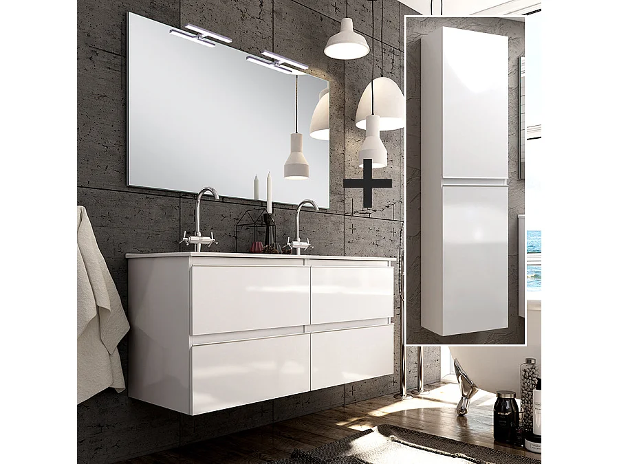 Ensemble meuble de salle de bain 140cm double vasque + colonne de rangement - BALEA - blanc