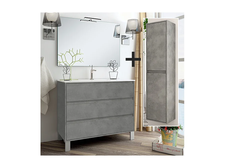 Ensemble meuble de salle de bain 80cm simple vasque + colonne de rangement TIRIS - ciment (gris)