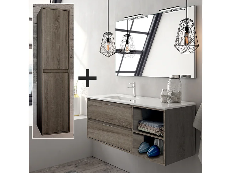 Ensemble meuble de salle de bain 120cm vasque déportée + colonne de rangement OLYMPE - britannia (chêne foncé)