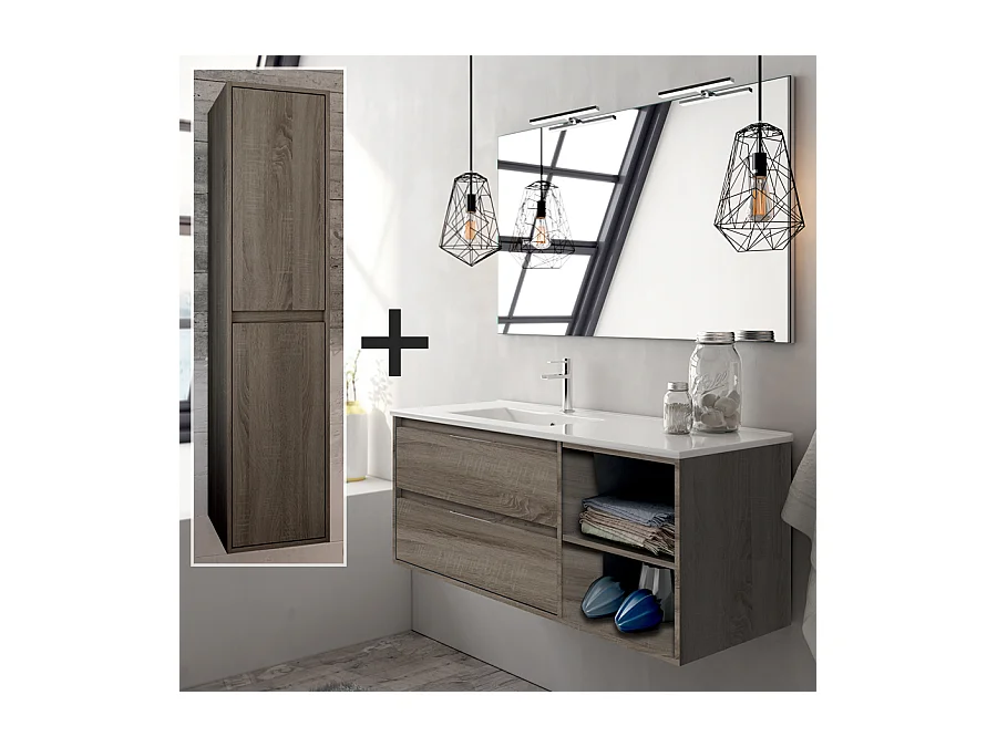 Ensemble meuble de salle de bain 120cm vasque déportée + colonne de rangement OLYMPE - britannia (chêne foncé)